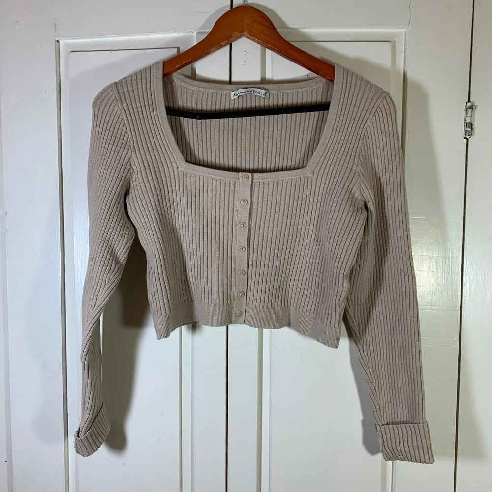 Abercrombie Fitch Ribbed Square Neck Crop Cardigan Beige Button Up Womens Medium